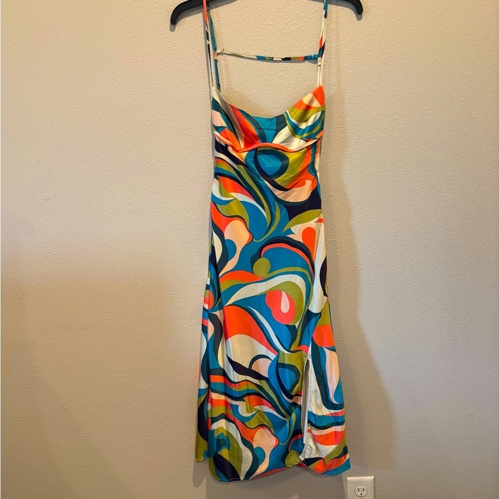 NWT Allison & Kelly Satin Geo Print Spaghetti Strap Back Cut Out Slip Dress, XS